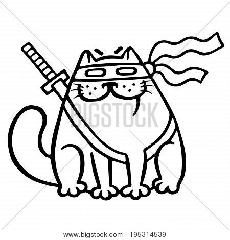 Fat ninja cat in a mask and a sword behind him. Funny cartoon cool character. Isolated vector illustration. White color background. Funny cartoon character.