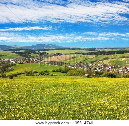 panoramic view of Horni Lidec village with meadow ful of dandelions and beautiful clouds - Carpathiam mountains - Czech Republic