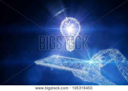 Blue polygonal tech hand using abstract tablet computer with lamp hologram on dark background. Innovative ideas and technology concept. 3D Rendering