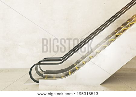Side view of escalator on empty concrete wall background. Ad concept. Mock up 3D Rendering