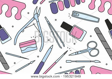 Manicure tools outlined colorful seamless pattern on white background