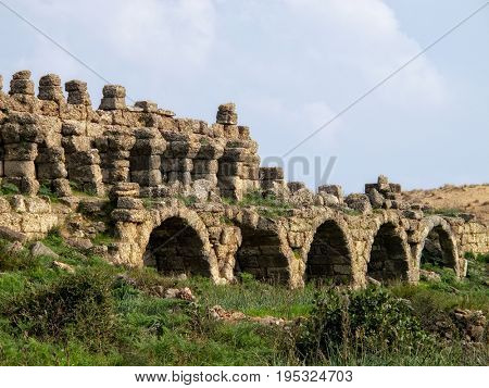 close up ruins from archaelogical site in Alanya
