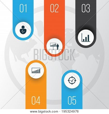 Management Icons Set. Collection Of Project Presentation, Approved Target, Company Statistics And Other Elements. Also Includes Symbols Such As Trait, Chracater, Target.