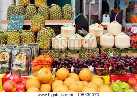 JERUSALEM ISRAEL - APRIL 2017: Fresh Exotic Fruits on the Eastern Market Stall in Israely Market Mahane Yehuda Jerusalem