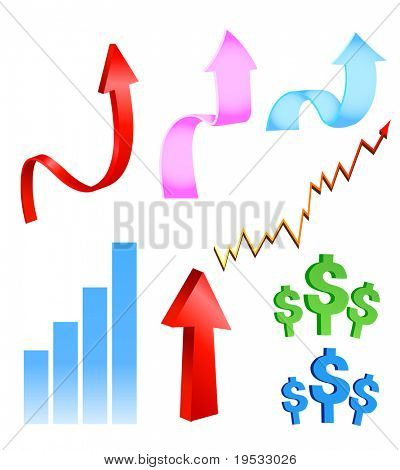 Negócios & ícones de Finanças. Seta, diagrama e símbolos de dólares fazem seu relatórios ou apresentações m