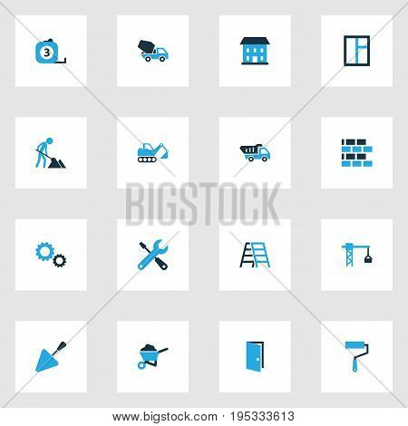 Building Colorful Icons Set. Collection Of Gear, Glass, Tip Truck And Other Elements. Also Includes Symbols Such As Construction, Masonry, Hook.