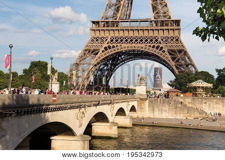 PARIS, FRANCE - JUNE 24, 2017: View of the famous Eiffel Tower in Paris. France. The Eiffel Tower was constructed from 1887-1889 as the entrance to the 1889 World's Fair by engineer Gustave Eiffel.