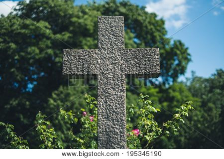 Stone Cross On Grave, Gravestone On Cemetery