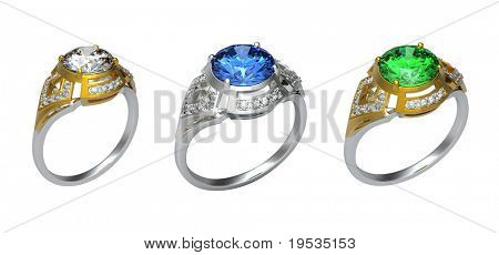 Anelli di rendering 3D con diamondon, peridoto e blu topazio isolata on white background