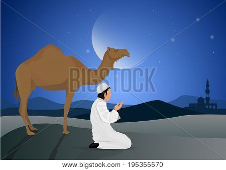 man praying and camel with full moon background