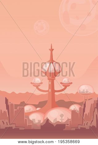 The city of the future, a space colony. Human settlement with futuristic buildings on Mars or another planet. Vector illustration.