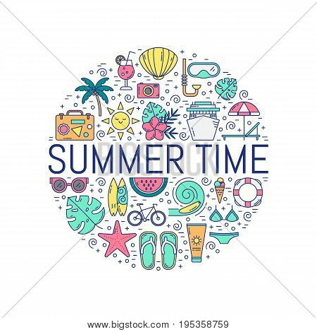 Vector banner with summer symbols in trendy linear style isolated on white background