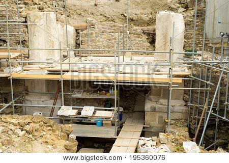 2017.07.07 Trieste Italy. Actual archaeological site. Monument a roman lime structure of I century after Christ.