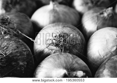 Fresh onions on display at a nearby market.