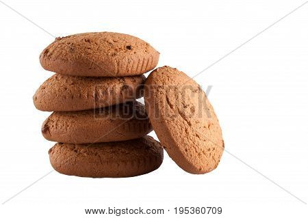 Detail of three crispy golden oat biscuits on white