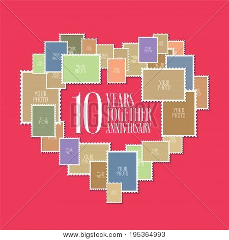 10 years of wedding or marriage vector icon, illustration. Template design element with photo frames and heart shape for celebration of 10th wedding anniversary