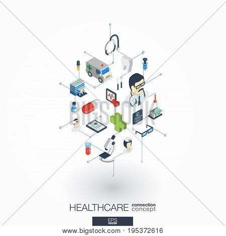 Healthcare, integrated 3d web icons. Digital network isometric interact concept. Connected graphic design dot and line system. Abstract background for medicine and medical service. Vector on white.