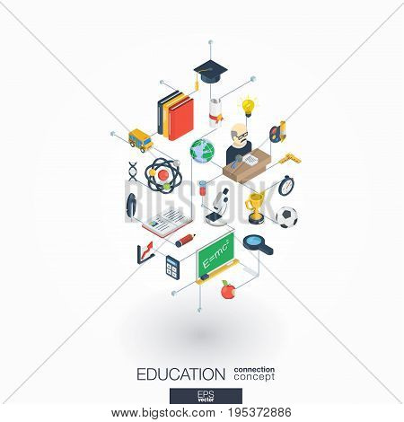 Education integrated 3d web icons. Digital network isometric interact concept. Connected graphic design dot and line system. Abstract background for elearning, graduation and school. Vector on white.