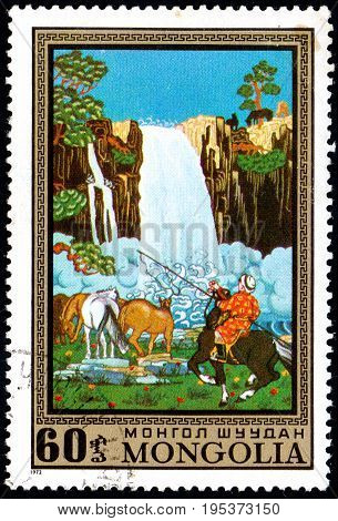 UKRAINE - CIRCA 2017: A postage stamp printed in Mongolia shows Waterfall and horses from the series Paintings by contemporary artists in Ulan Bator Museum circa 1972