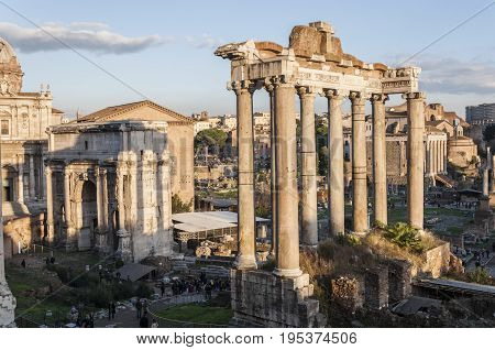 Views of Roman Forum, Rome, Italy, with the Temple of Saturn and the Arch of Septimius Severus