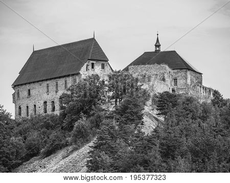 Tocnik Castle in Central Bohemia, Czech Republic. Black and white image.