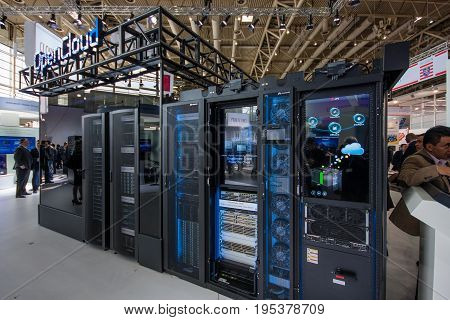 HANNOVER GERMANY - MARCH 14 2016: OpenCloud stand in booth of Huawei company at CeBIT information technology trade show in Hannover Germany on March 14 2016.