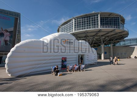 HANNOVER GERMANY - MARCH 14 2016: Cloud booth of Amazon Web Services company at CeBIT information technology trade show in Hannover Germany on March 14 2016.
