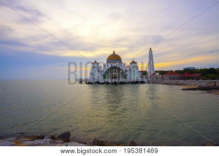 Majestic View Of Malacca Straits Mosque During Sunset