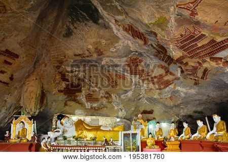 A Lot Of Different Buddha Sculptures In Kaw Gun Cave In Hpa-an, Myanmar