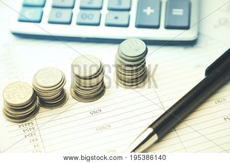 moneycalculator and pen on the financial papers