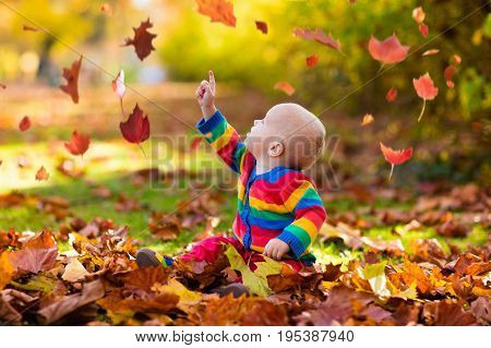 Child In Fall Park. Kid With Autumn Leaves.