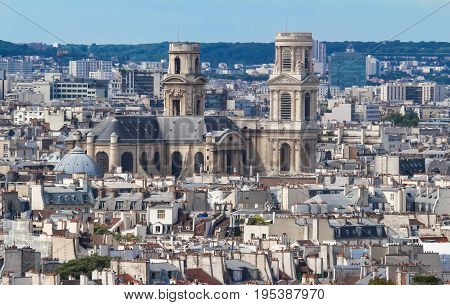 The aerial view of the Church of Saint-Sulpice and parisian landscape, Paris, France.