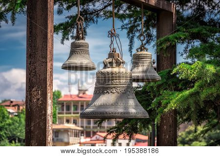 Bells and beautiful view of tbilisi from Metehi church in Tbilisi, Georgia.