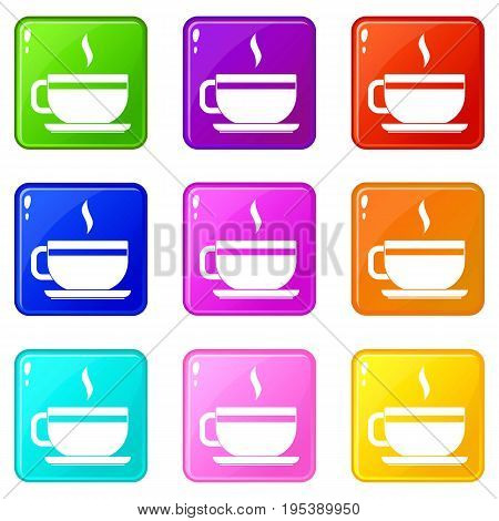 Tea cup and saucer icons of 9 color set isolated vector illustration