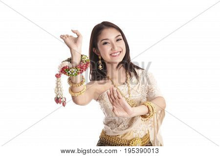 Thai women welcome with traditional Thai suit in studio