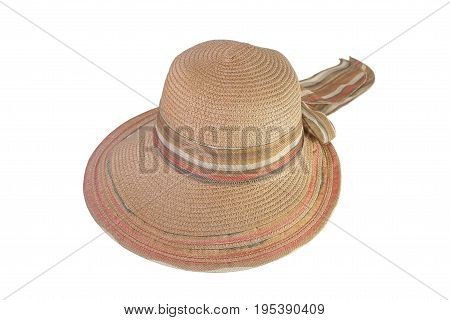 Woven with brown hat decorated with a bow tie, isolated on white background.
