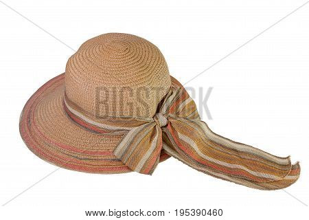 Woven with brown hat decorated with a bow tie, isolated on white background.