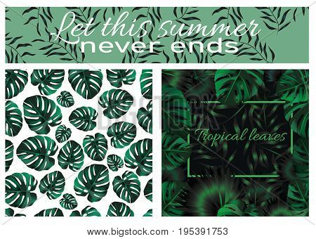 Green tropical design with palm leaves and exotic flowers. Vector floral template.