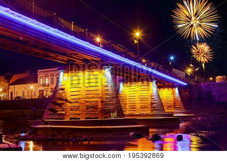 Firework Over Bridge Night City Reflected In Water Uzhorod