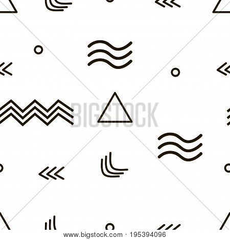 Seamless Primitive Patterns Of Minimalism, 80-90's Years Memphis Design. Randomly Scattered Abstract
