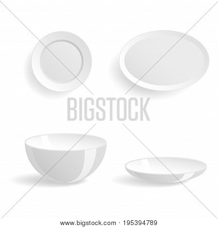 Empty white plates set isolated vector illustration templates dinner design tableware blank clean tableware. Restaurant food kitchen utensil ceramics dishware fork.