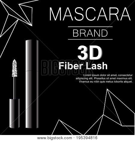 Glamorous Mascara For Eyelashes, Black Realistic Packaging Design In 3D On Black With Geometric Figu
