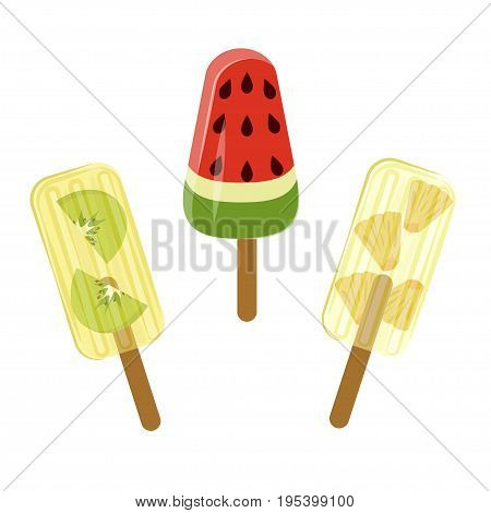 Set of Popsicles with berries and fruits isolated ob white background. Top view ice-cream vector illustration eps 10