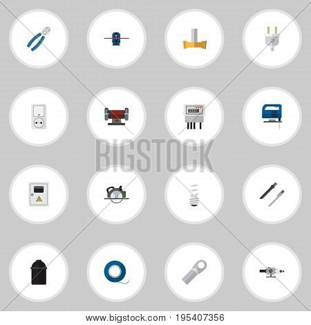 Set Of 16 Editable Instruments Icons. Includes Symbols Such As Outlet, Jack, Buzzsaw And More. Can Be Used For Web, Mobile, UI And Infographic Design.
