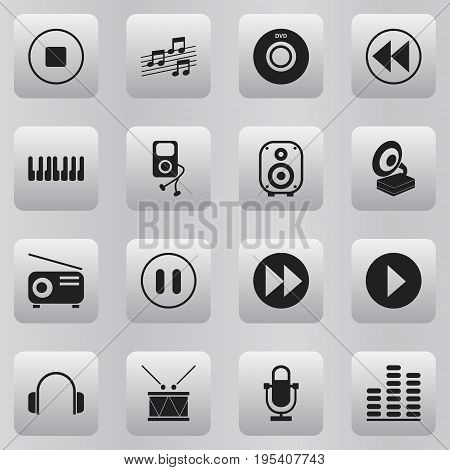 Set Of 16 Editable Mp3 Icons. Includes Symbols Such As Recorder, Phonograph, Timpano And More. Can Be Used For Web, Mobile, UI And Infographic Design.