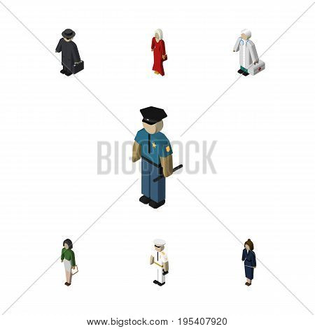 Isometric Person Set Of Pedagogue, Medic, Officer And Other Vector Objects. Also Includes Mariner, Medic, Girl Elements.