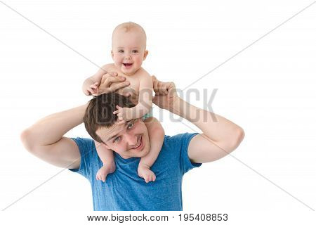 smiling baby son riding father's shoulders looking at camera isolated on white