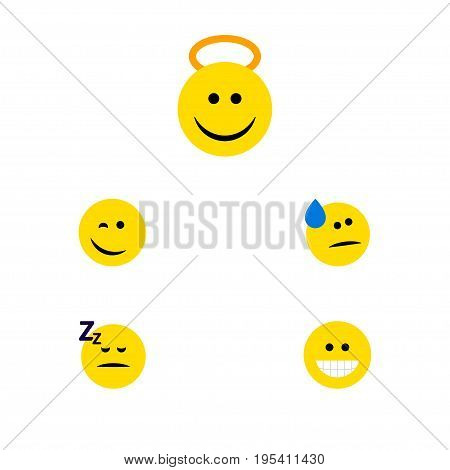 Flat Icon Emoji Set Of Winking, Angel, Grin And Other Vector Objects. Also Includes Cheerful, Emoji, Happy Elements.