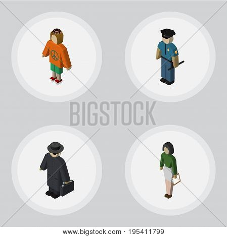 Isometric Person Set Of Officer, Pedagogue, Detective And Other Vector Objects. Also Includes Educator, Lady, Officer Elements.