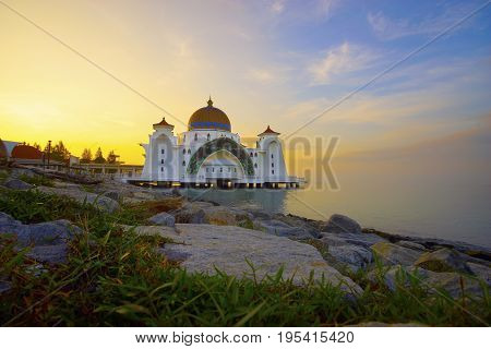 Majestic View Of Malacca Straits Mosque During Sunset